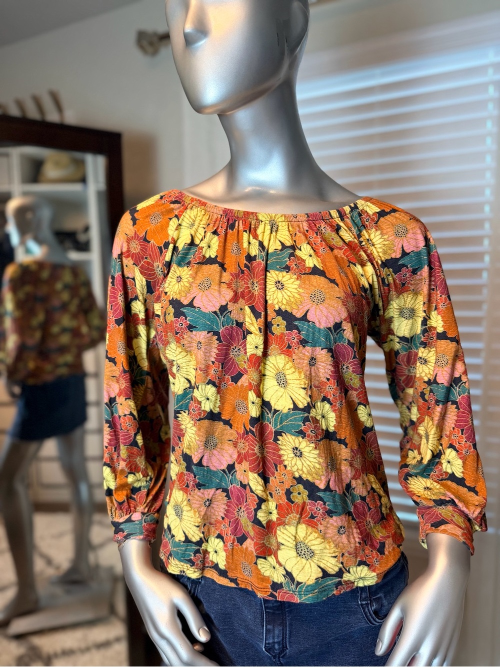 Nation LTD Floral Pima Cotton Peasant Top XS Boho Balloon Sleeve Blouse Orange